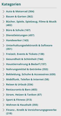Aus 19 Kategorien k&ouml;nnen Sie eine Vorauswahl treffen. In Klammern wird die Anzahl der teilnehmenden Partnerunternehmen dargestellt (online und/oder offline), in diesem Beispiel begrenzt auf Deutschland.